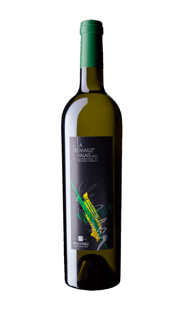 Bouteille de vin blanc Rouvinez La Tremaille Valais AOC avec capsule verte sur fond blanc