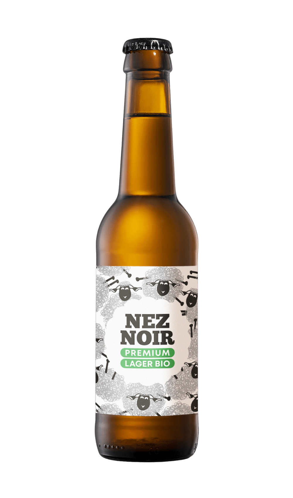Bierflasche Nez Noir Premium Lager Bio mit Etikett mit Illustration schwarzer Schafe auf hellem Hintergrund