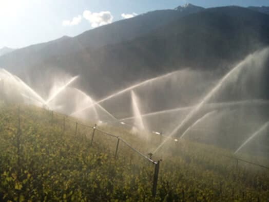 Système d'arrosage automatique en action dans une parcelle de vignes en pente sous un massif montagneux