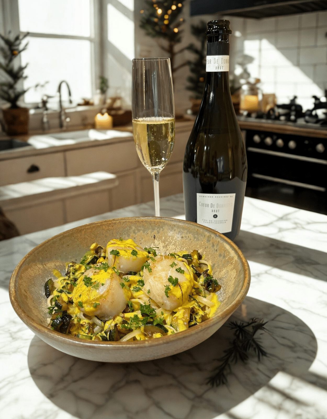 Plat de noix de Saint-Jacques aux pâtes et herbes accompagné d'une flûte et d'une bouteille de vin effervescent