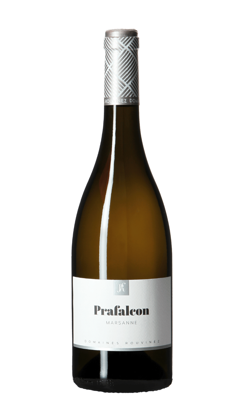 Bottle of Prafalcon Marsanne from Domaines Rouvinez with a silver capsule featuring geometric patterns