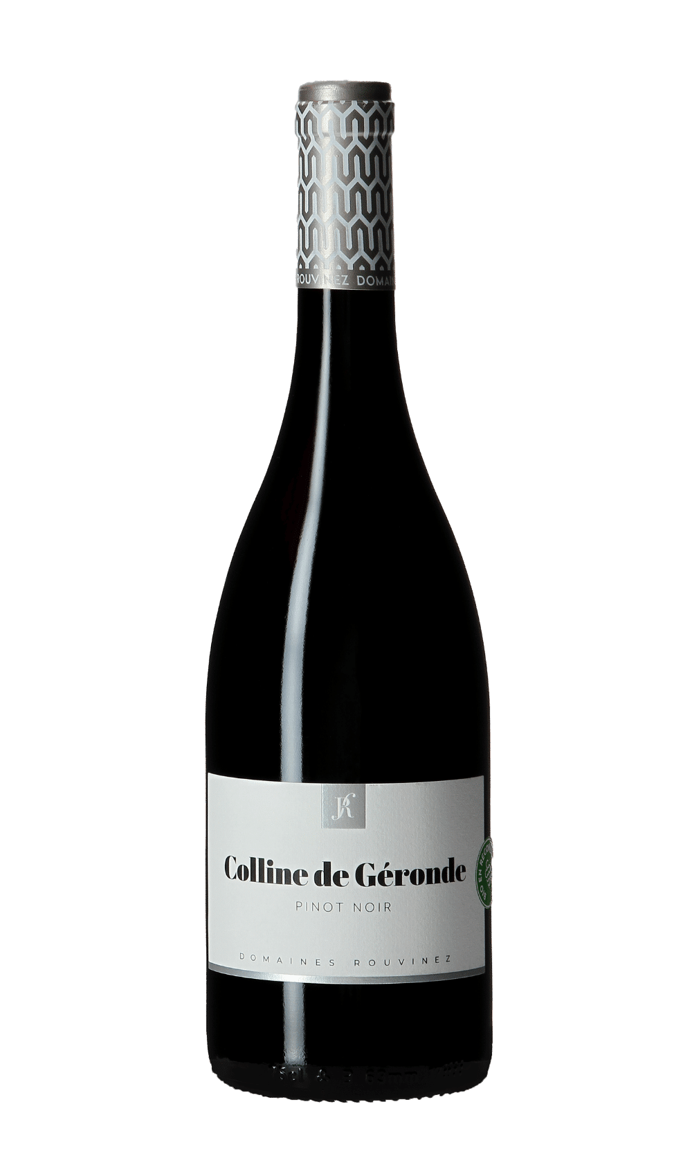 Bottle of Pinot Noir Colline de Géronde from Domaines Rouvinez with silver capsule featuring geometric patterns