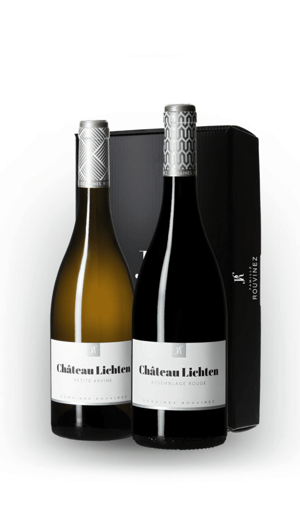 Deux bouteilles Château Lichten Domaines Rouvinez, Petite Arvine et Assemblage Rouge, devant un coffret noir