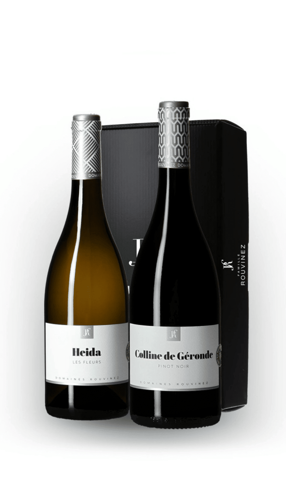 Two bottles of Domaines Rouvinez wine, Heida Les Fleurs and Colline de Géronde Pinot Noir, in their black gift box