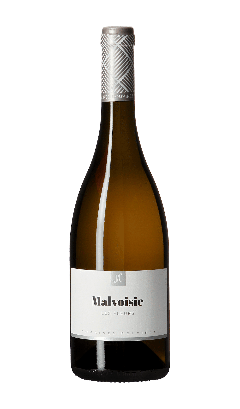 Bouteille de Malvoisie Les Fleurs des Domaines Rouvinez avec capsule argentée à motifs géométriques