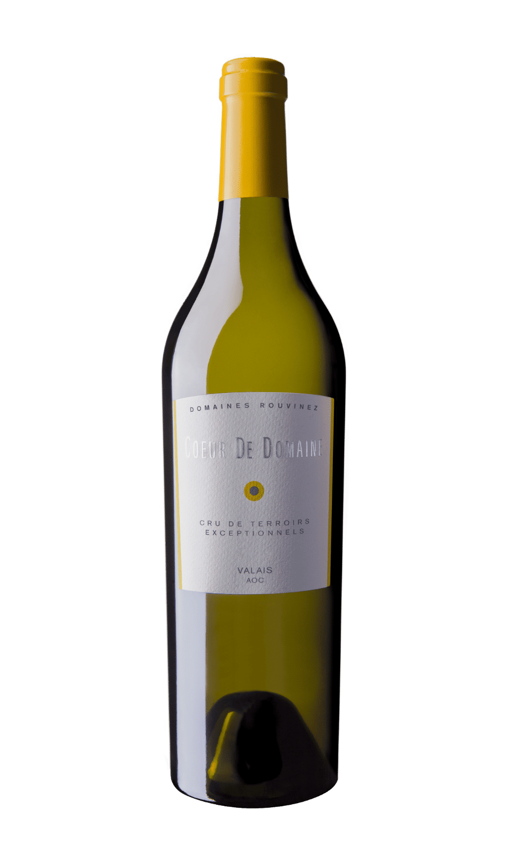 Bouteille de vin blanc Cœur de Domaine Rouvinez, Valais AOC, avec capsule dorée sur fond blanc