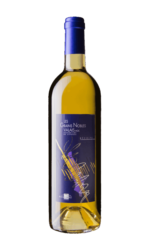 Bouteille de vin blanc Grains Nobles Valais AOC Rouvinez avec capsule bleue sur fond blanc