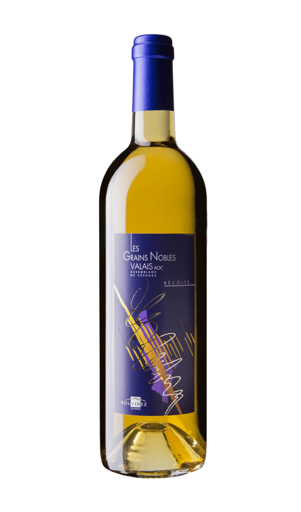 Flasche Weißwein Grains Nobles Valais AOC Rouvinez mit blauer Kapsel auf weißem Hintergrund