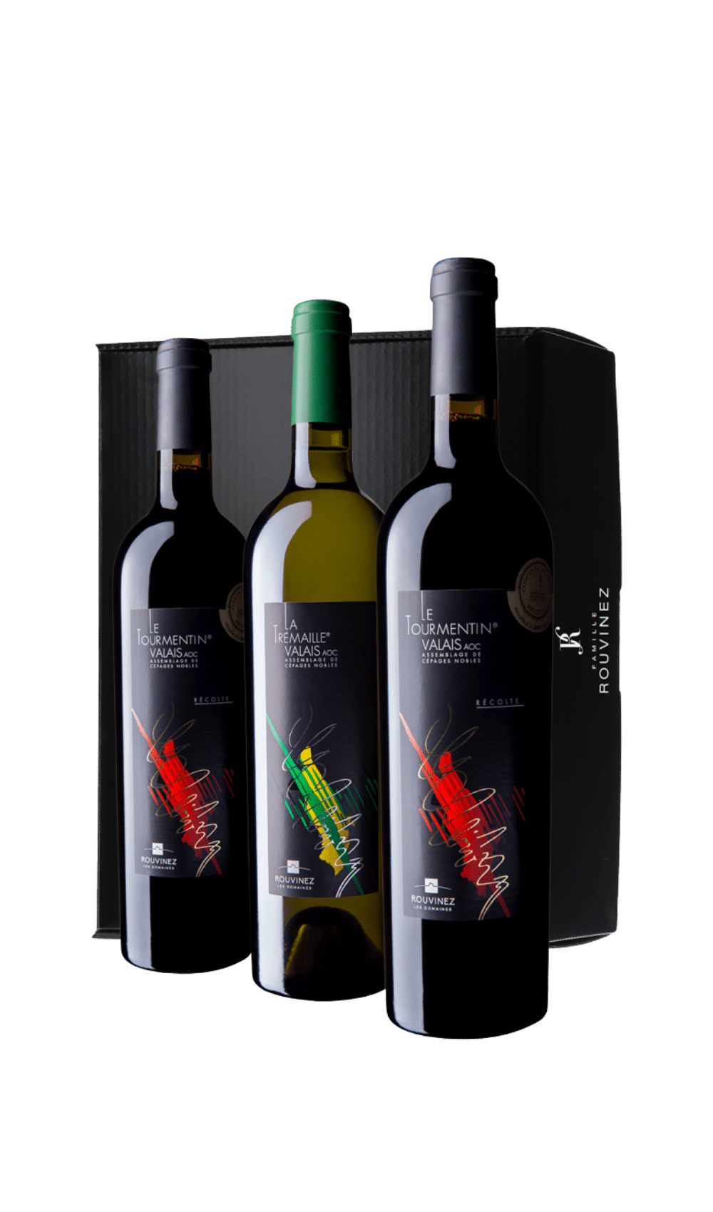 Coffret Rouvinez contenant trois bouteilles Le Tourmentin AOC Valais avec étiquettes graphiques colorées