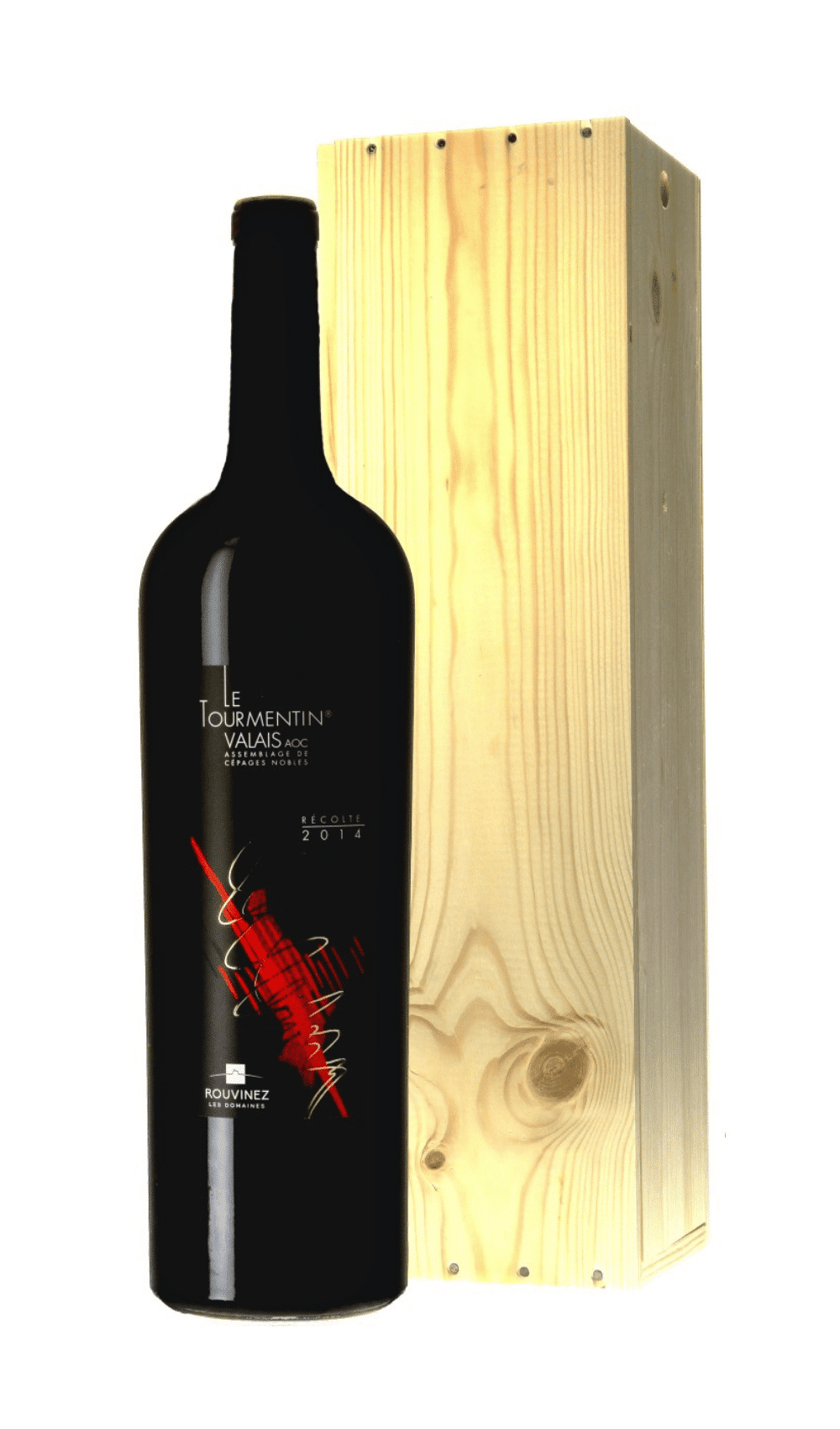 Bouteille de Le Tourmentin Valais AOC 2014 Rouvinez avec son coffret en bois clair