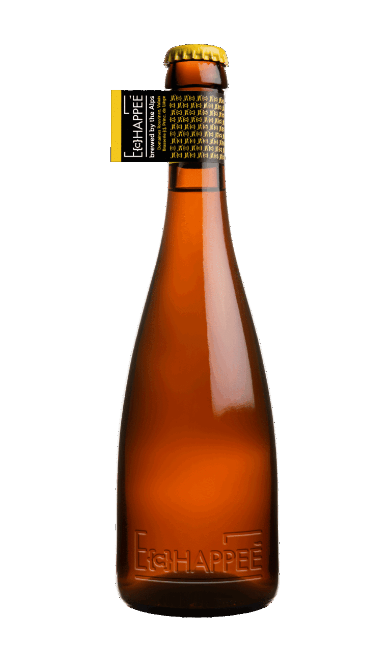 Bouteille de bière L'Échappée en verre ambré avec capsule jaune et étiquette graphique sur fond blanc