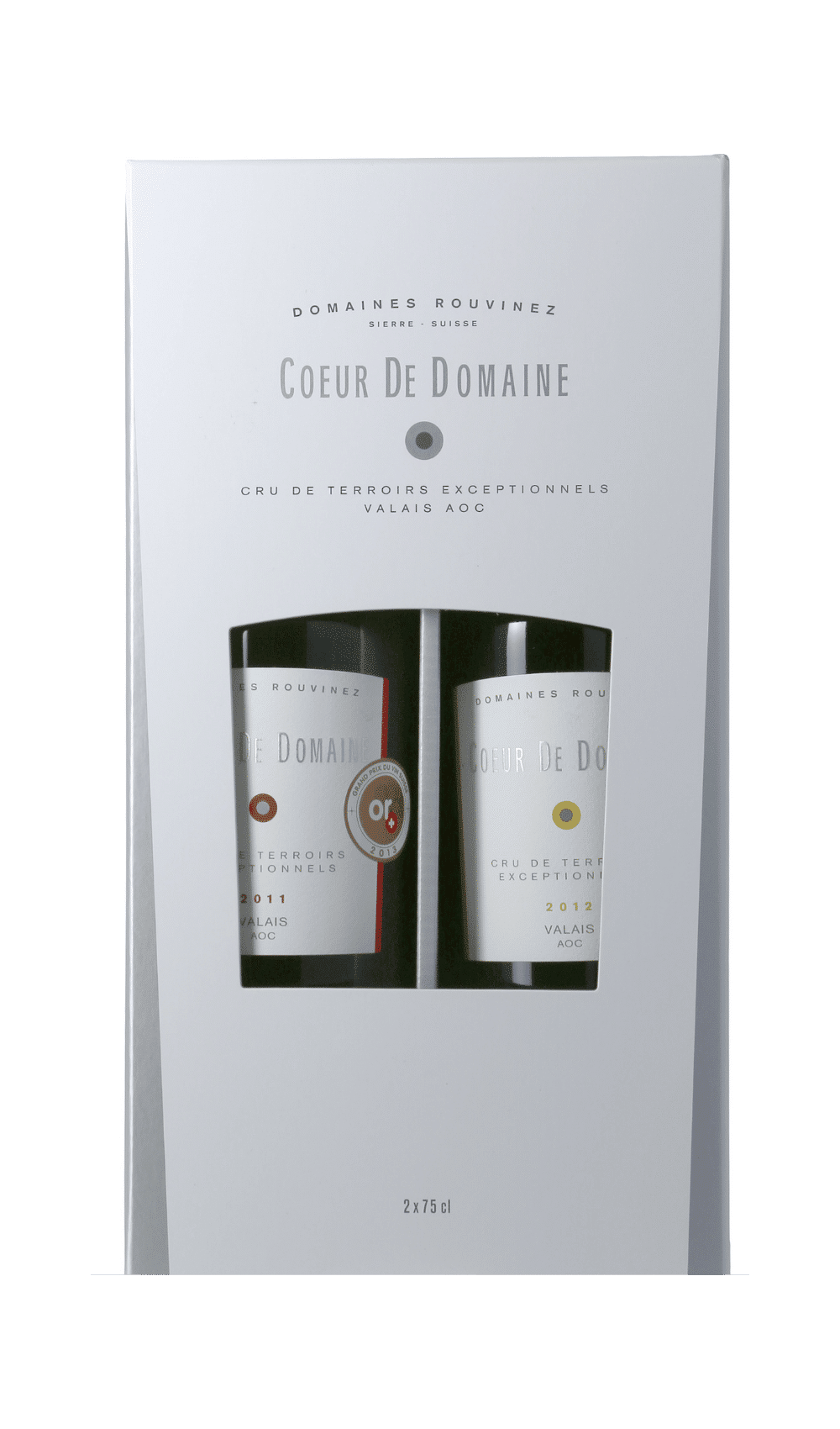 Coffret Cœur de Domaine Rouvinez contenant deux bouteilles de vin Valais AOC millésimes 2011 et 2012