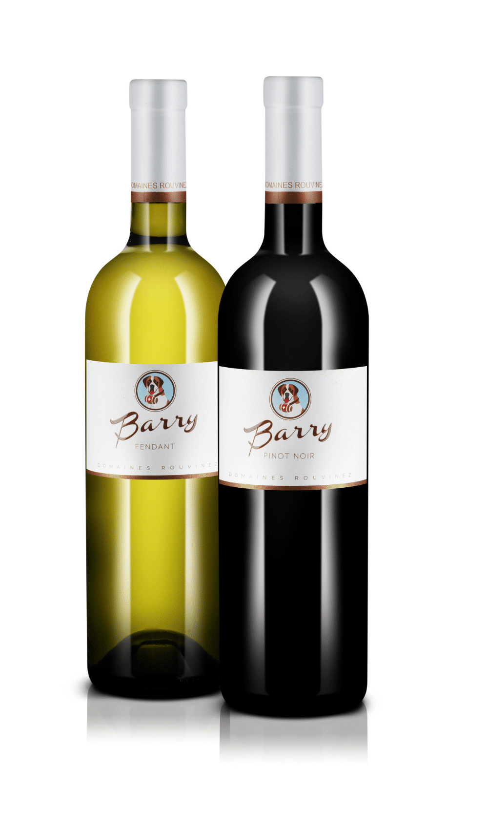 Zwei Flaschen der Domaines Rouvinez Barry-Reihe, ein weißer Fendant und ein roter Pinot Noir auf weißem Hintergrund