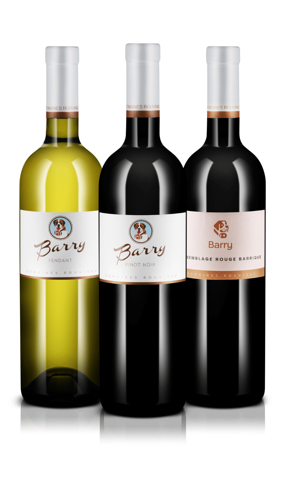 Drei Flaschen Domaines Rouvinez aus der Barry-Linie: Fendant weiss, Pinot Noir und rote Barrique-Cuvée
