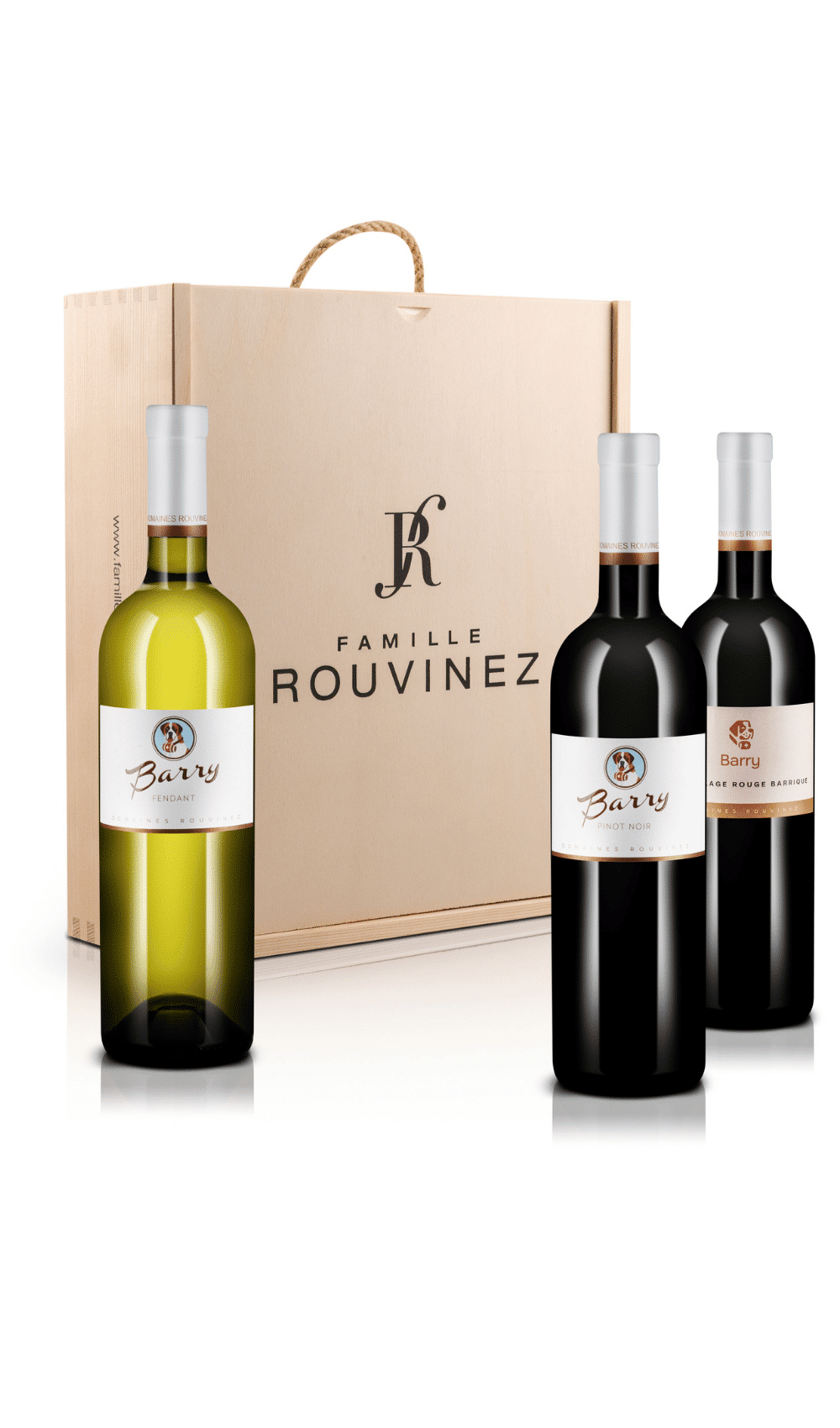 Coffret bois Famille Rouvinez avec trois bouteilles Barry : Fendant, Pinot Noir et Rouge Barrique