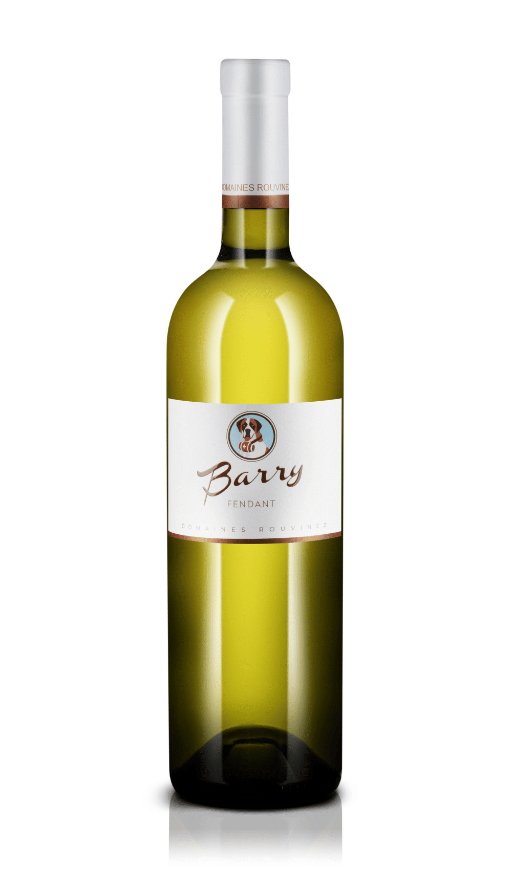 Bouteille de vin blanc Fendant Barry des Domaines Rouvinez avec étiquette illustrée d'un chien Saint-Bernard