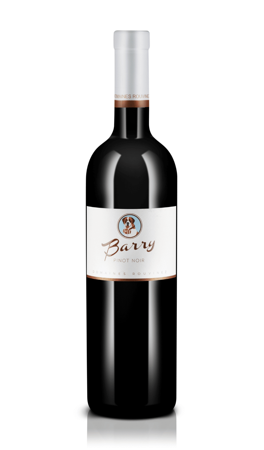 Flasche Pinot Noir Barry der Domaines Rouvinez mit beigem Etikett und Hundeillustration