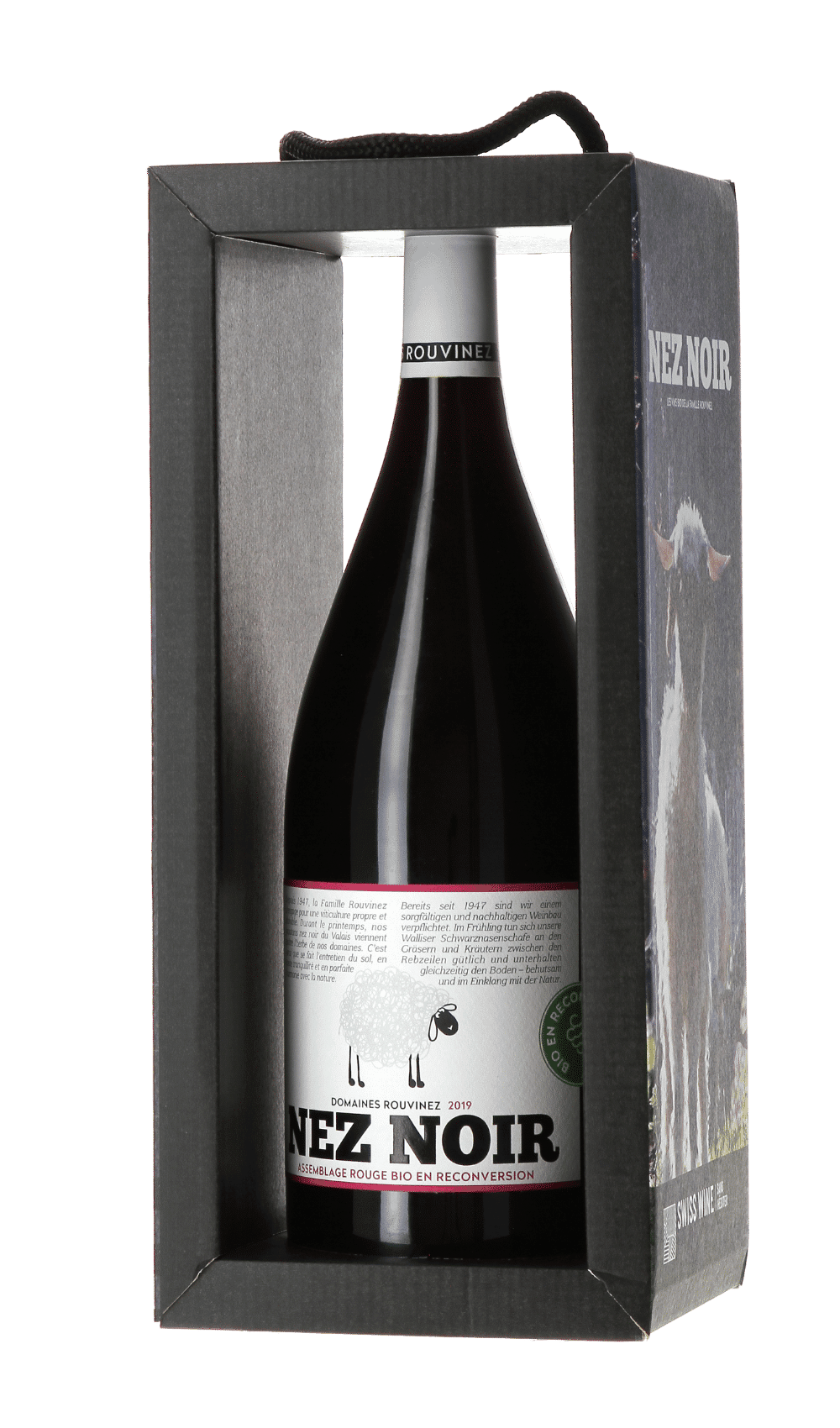 Bouteille Nez Noir 2019 Rouvinez présentée dans un coffret cadeau gris avec poignée en corde